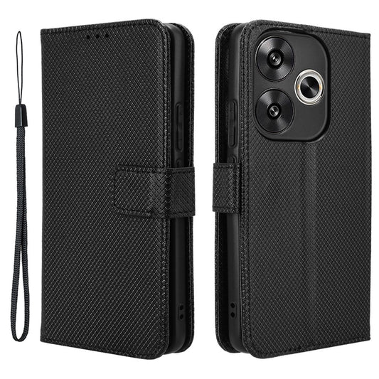 For Xiaomi Redmi Turbo 3 5G Case Diamond Texture Foldable Stand Phone Cover with Hand Strap - Black