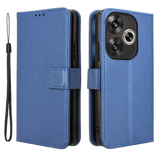 For Xiaomi Redmi Turbo 3 5G Case Diamond Texture Foldable Stand Phone Cover with Hand Strap - Blue