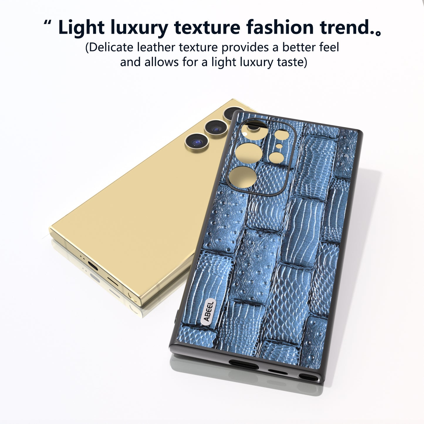 ABEEL For Samsung Galaxy S24 Ultra Case Mahjong Texture Genuine Cow Leather Shockproof Back Cover - Blue