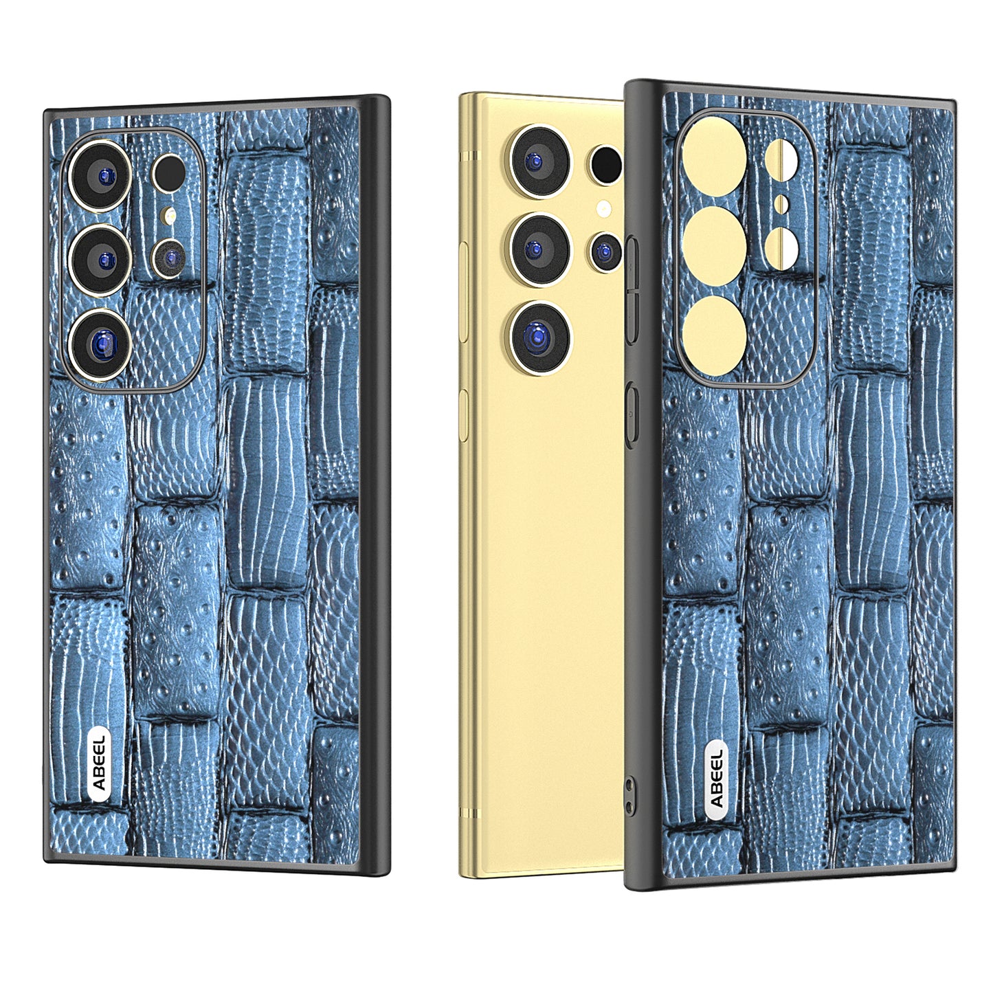 ABEEL For Samsung Galaxy S24 Ultra Case Mahjong Texture Genuine Cow Leather Shockproof Back Cover - Blue