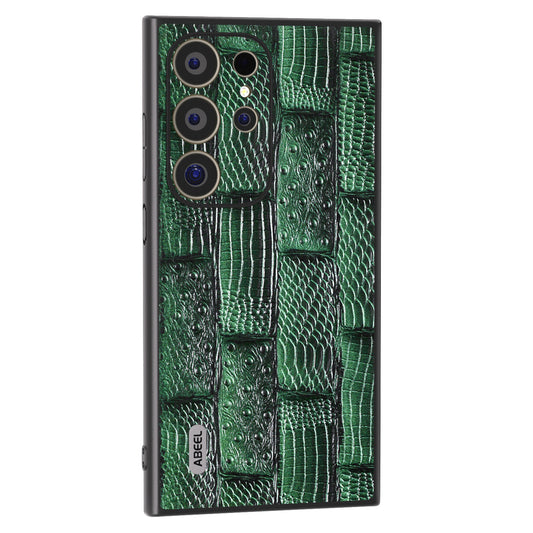 ABEEL For Samsung Galaxy S24 Ultra Case Mahjong Texture Genuine Cow Leather Shockproof Back Cover - Green