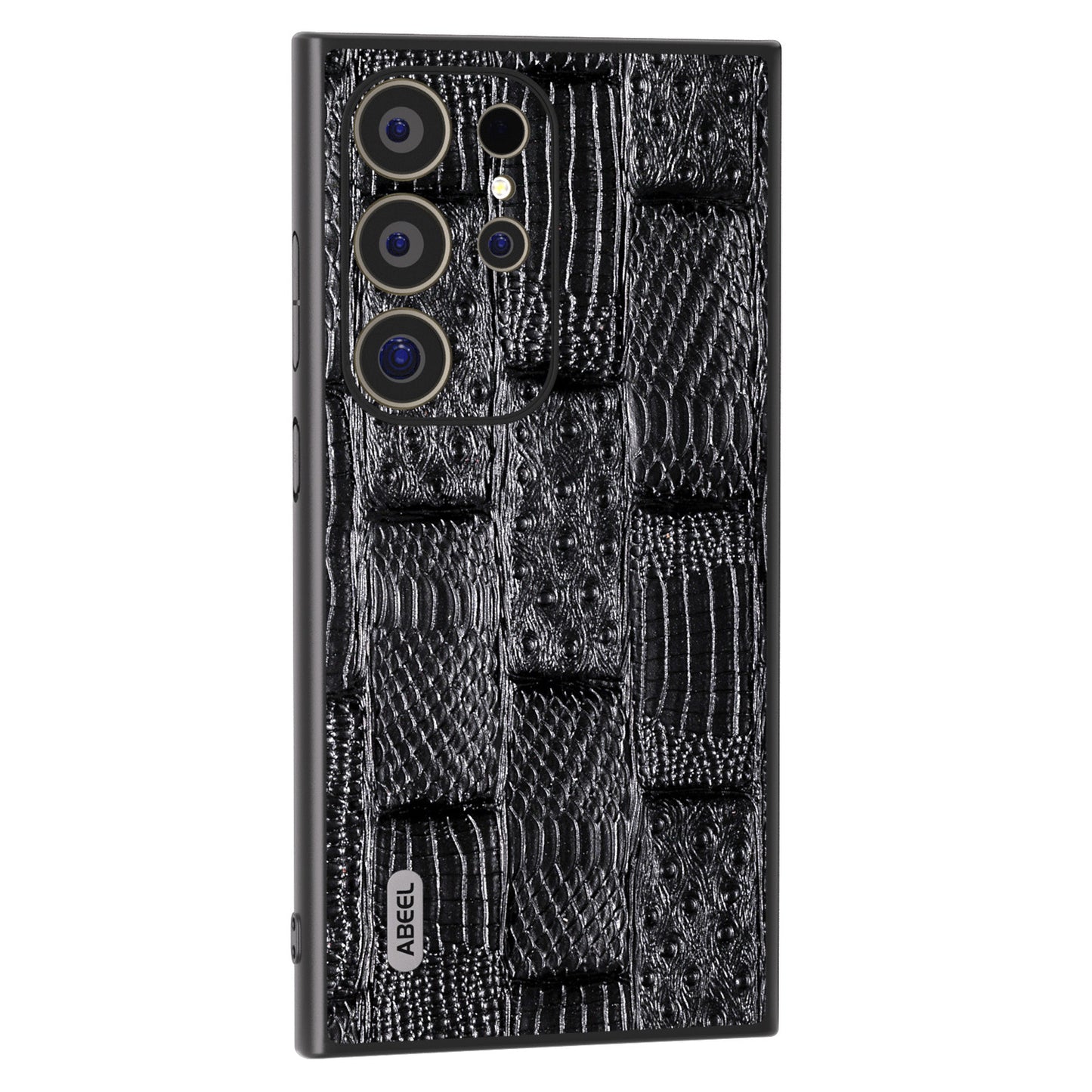 ABEEL For Samsung Galaxy S24 Ultra Case Mahjong Texture Genuine Cow Leather Shockproof Back Cover - Black