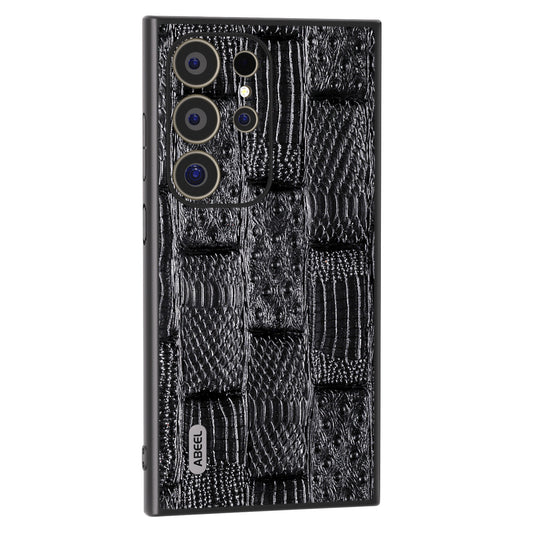 ABEEL For Samsung Galaxy S24 Ultra Case Mahjong Texture Genuine Cow Leather Shockproof Back Cover - Black