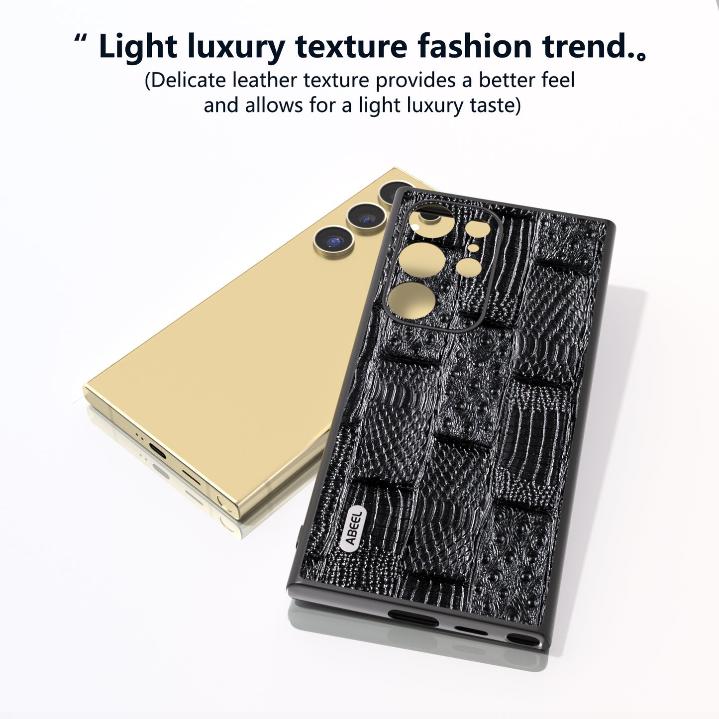 ABEEL For Samsung Galaxy S24 Ultra Case Mahjong Texture Genuine Cow Leather Shockproof Back Cover - Black