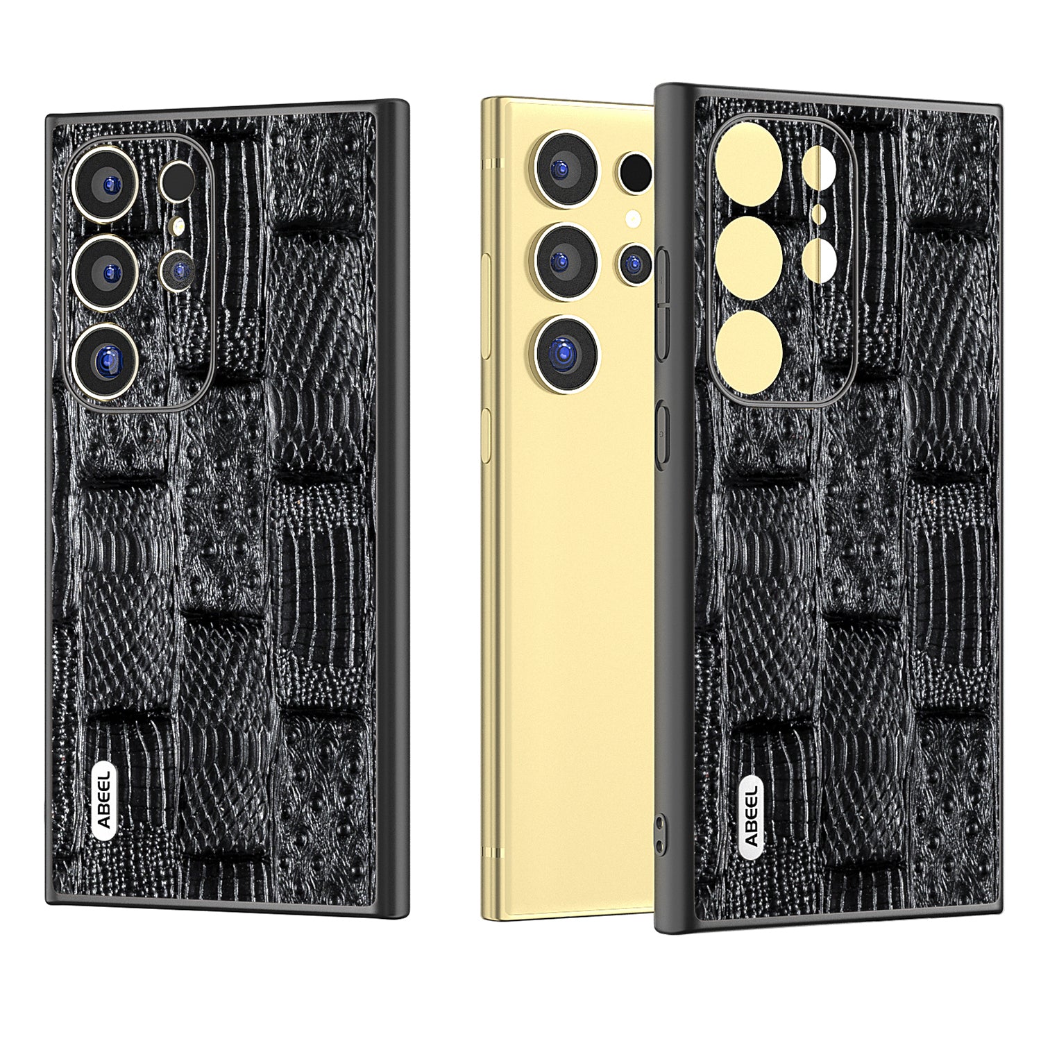 ABEEL For Samsung Galaxy S24 Ultra Case Mahjong Texture Genuine Cow Leather Shockproof Back Cover - Black