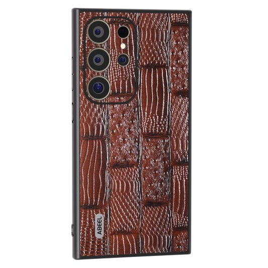 ABEEL For Samsung Galaxy S24 Ultra Case Mahjong Texture Genuine Cow Leather Shockproof Back Cover - Brown