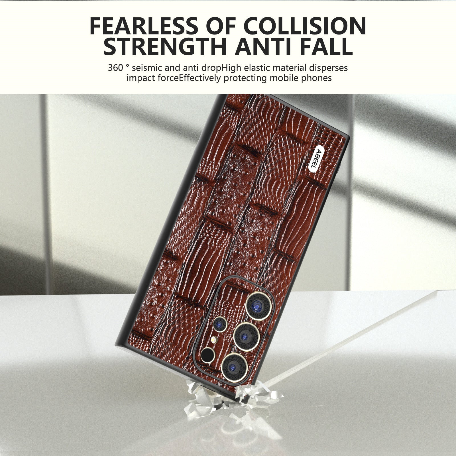 ABEEL For Samsung Galaxy S24 Ultra Case Mahjong Texture Genuine Cow Leather Shockproof Back Cover - Brown