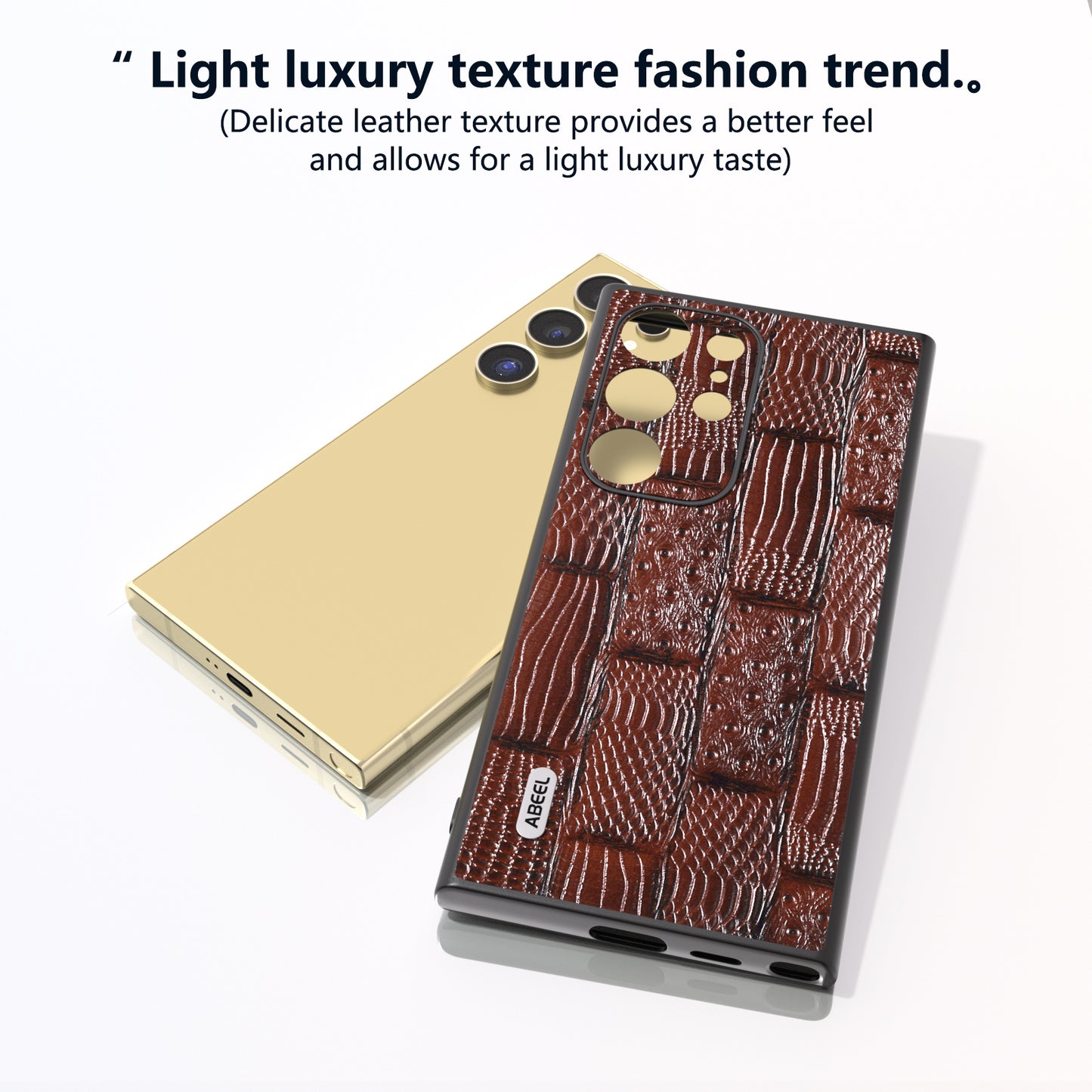 ABEEL For Samsung Galaxy S24 Ultra Case Mahjong Texture Genuine Cow Leather Shockproof Back Cover - Brown