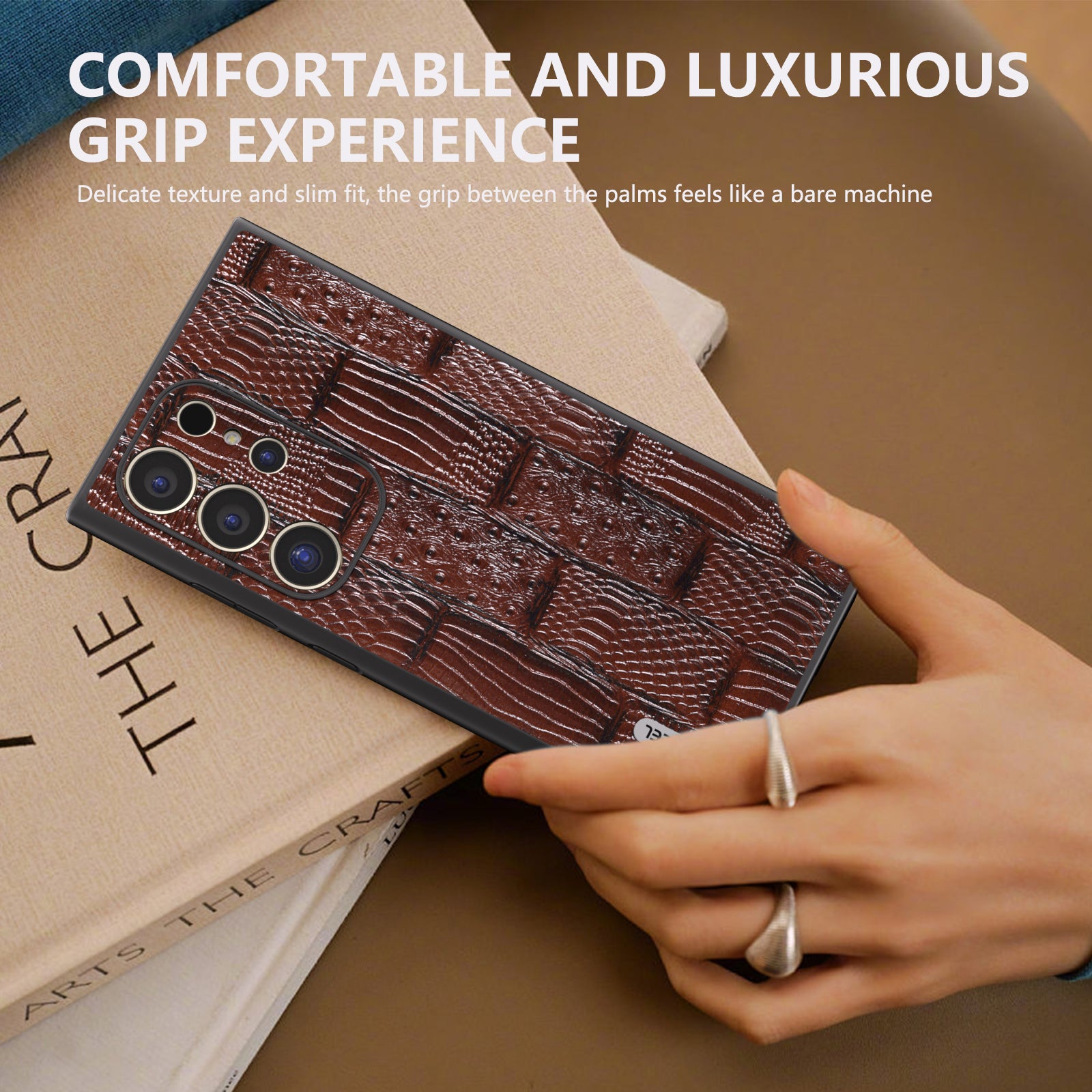 ABEEL For Samsung Galaxy S24 Ultra Case Mahjong Texture Genuine Cow Leather Shockproof Back Cover - Brown
