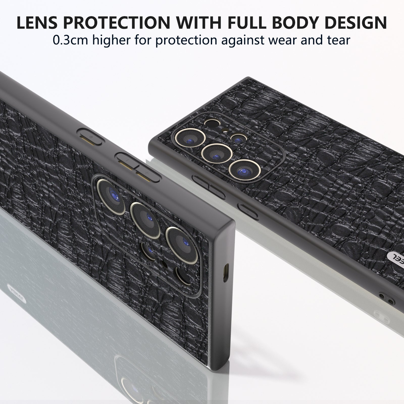ABEEL For Samsung Galaxy S24 Ultra Case Canopy Texture Genuine Cow Leather Back Cover Camera Protection - Black