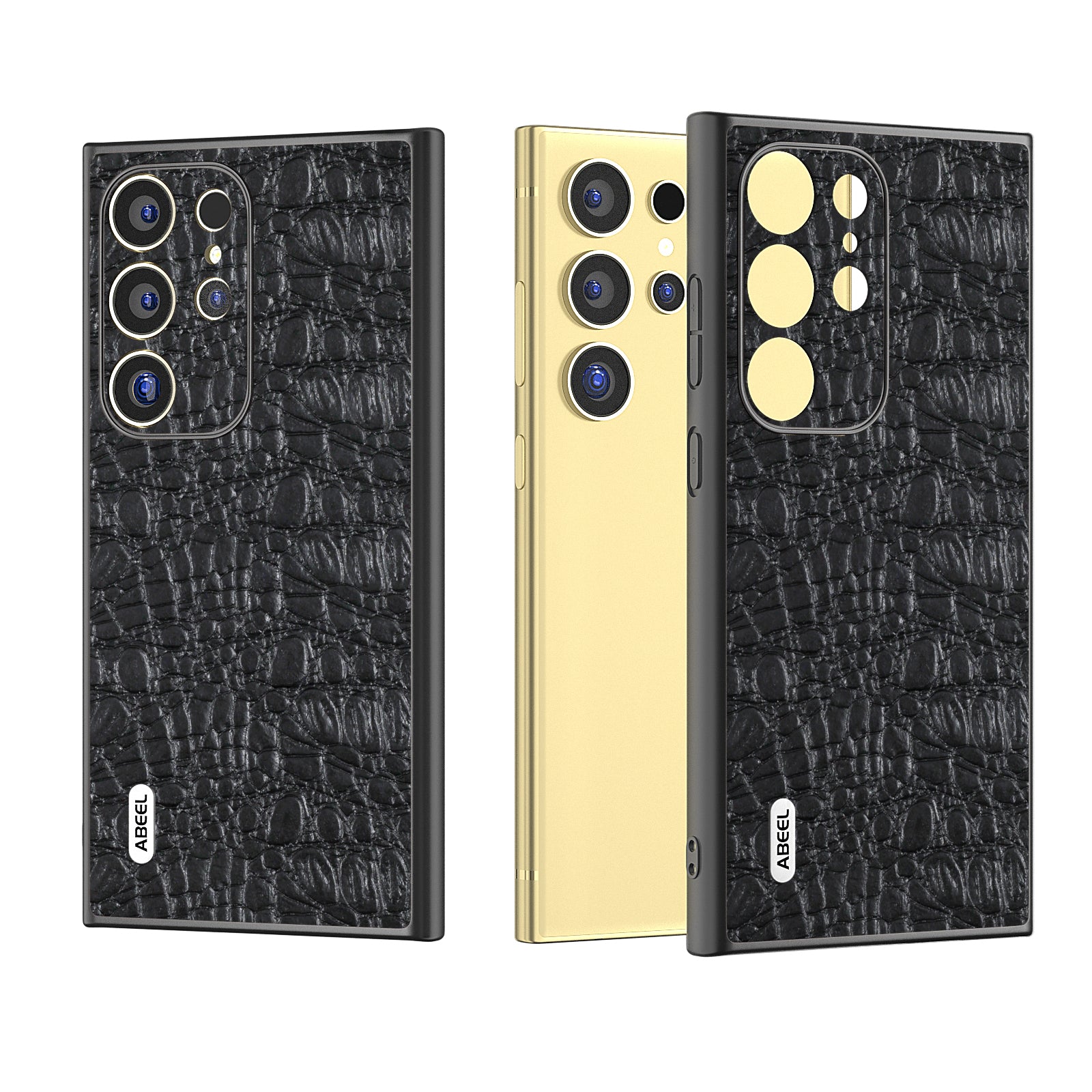 ABEEL For Samsung Galaxy S24 Ultra Case Canopy Texture Genuine Cow Leather Back Cover Camera Protection - Black
