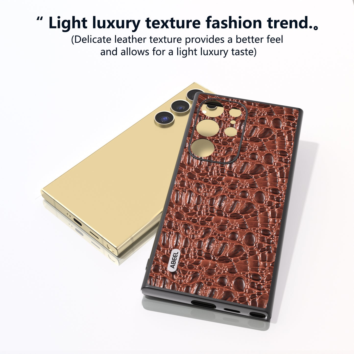 ABEEL For Samsung Galaxy S24 Ultra Case Canopy Texture Genuine Cow Leather Back Cover Camera Protection - Brown