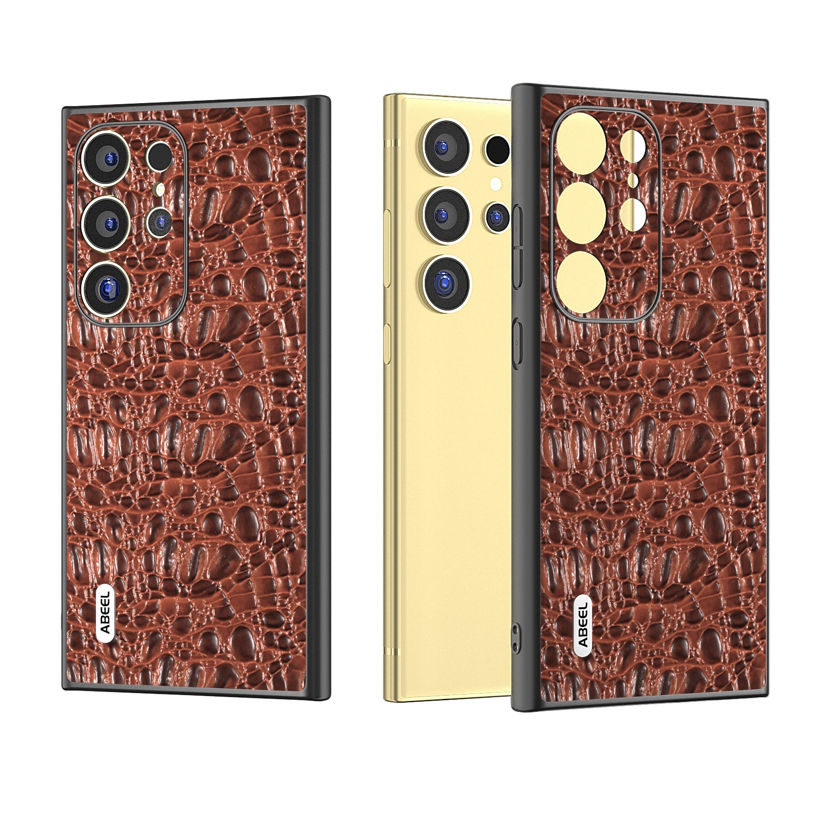 ABEEL For Samsung Galaxy S24 Ultra Case Canopy Texture Genuine Cow Leather Back Cover Camera Protection - Brown