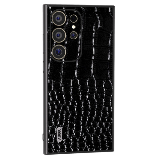 ABEEL For Samsung Galaxy S24 Ultra Case Crocodile Texture Genuine Cow Leather+PC+TPU Anti-Drop Phone Cover - Black