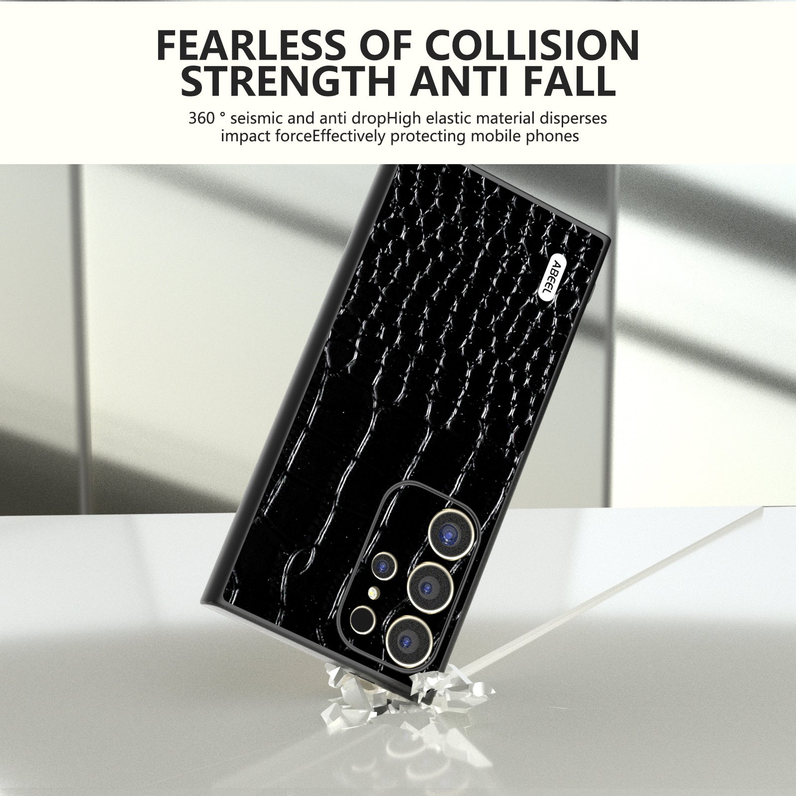 ABEEL For Samsung Galaxy S24 Ultra Case Crocodile Texture Genuine Cow Leather+PC+TPU Anti-Drop Phone Cover - Black