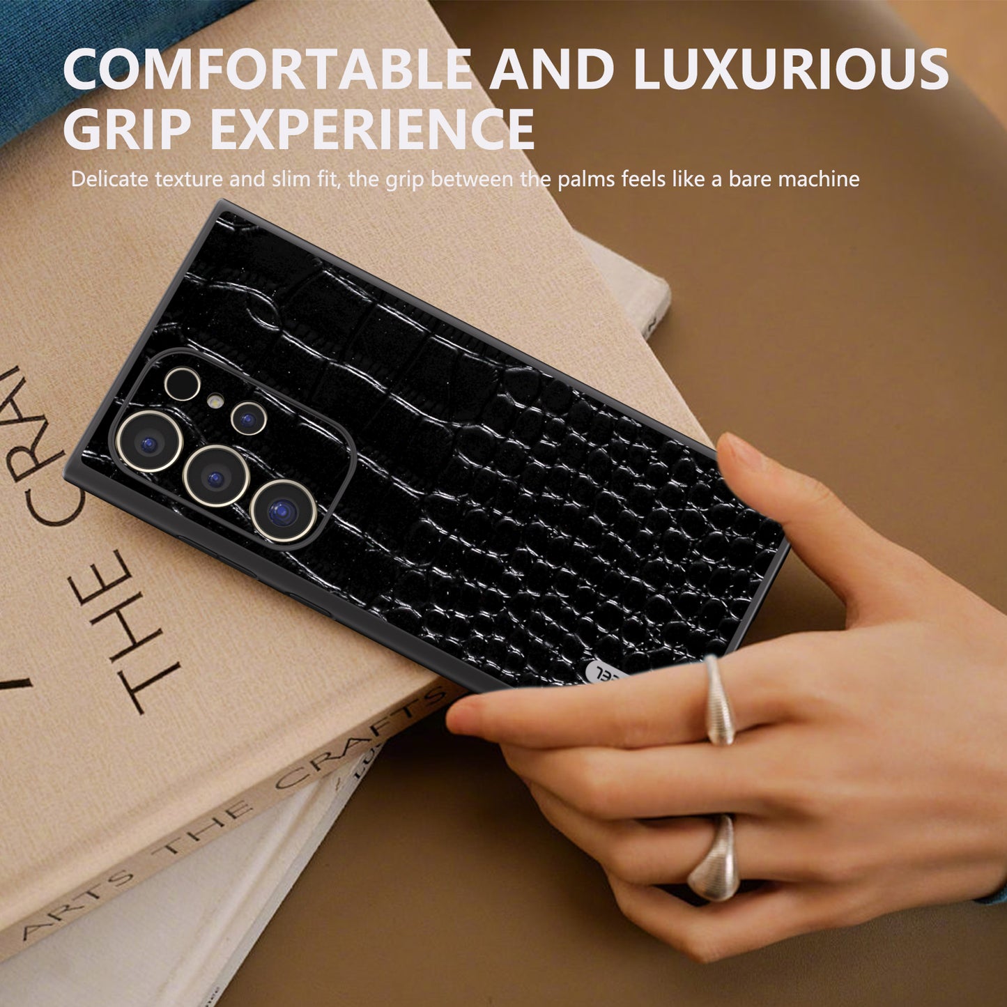 ABEEL For Samsung Galaxy S24 Ultra Case Crocodile Texture Genuine Cow Leather+PC+TPU Anti-Drop Phone Cover - Black