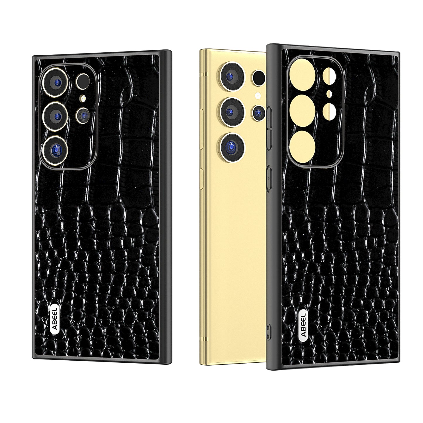 ABEEL For Samsung Galaxy S24 Ultra Case Crocodile Texture Genuine Cow Leather+PC+TPU Anti-Drop Phone Cover - Black