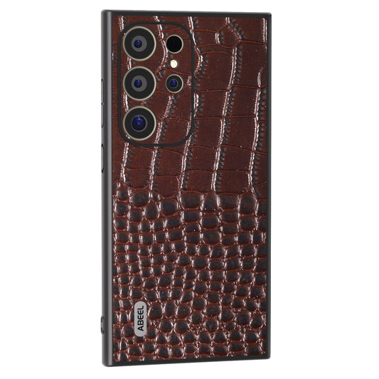 ABEEL For Samsung Galaxy S24 Ultra Case Crocodile Texture Genuine Cow Leather+PC+TPU Anti-Drop Phone Cover - Coffee