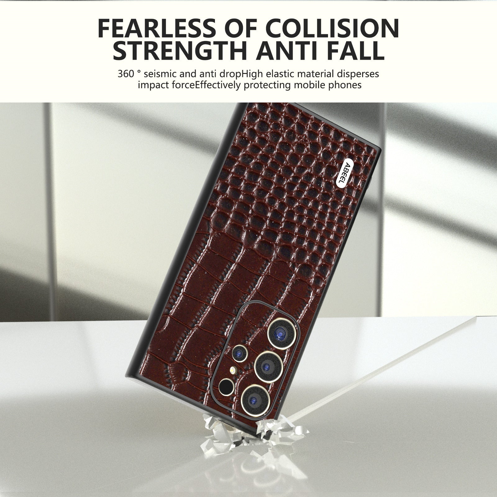 ABEEL For Samsung Galaxy S24 Ultra Case Crocodile Texture Genuine Cow Leather+PC+TPU Anti-Drop Phone Cover - Coffee