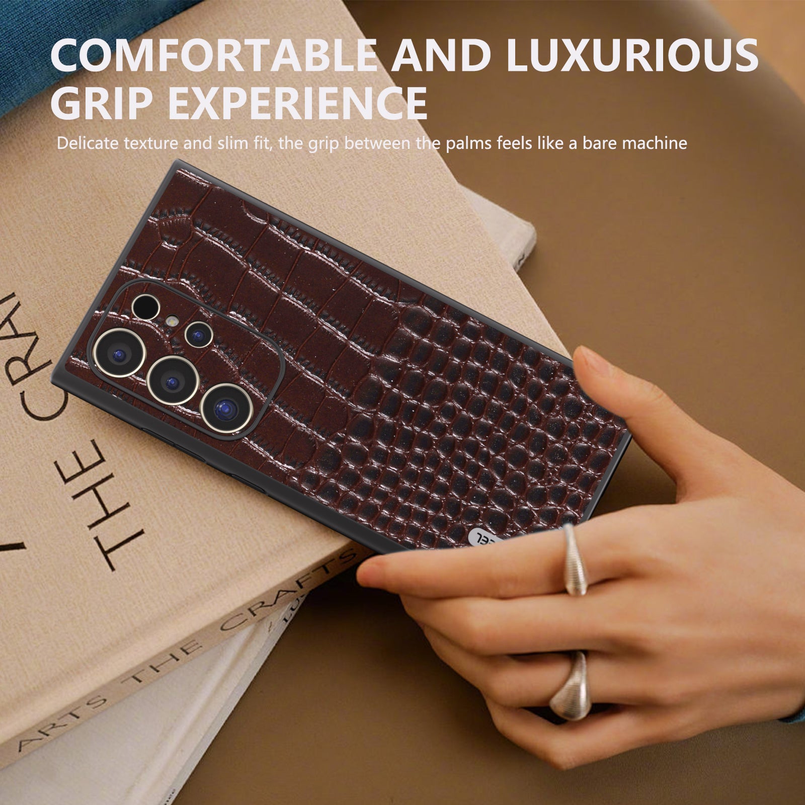 ABEEL For Samsung Galaxy S24 Ultra Case Crocodile Texture Genuine Cow Leather+PC+TPU Anti-Drop Phone Cover - Coffee