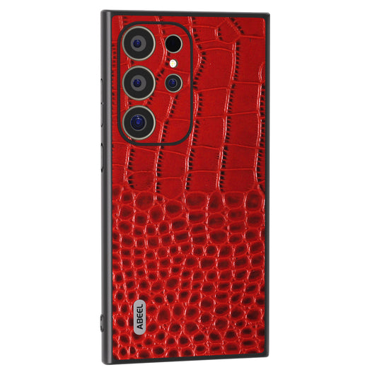 ABEEL For Samsung Galaxy S24 Ultra Case Crocodile Texture Genuine Cow Leather+PC+TPU Anti-Drop Phone Cover - Red
