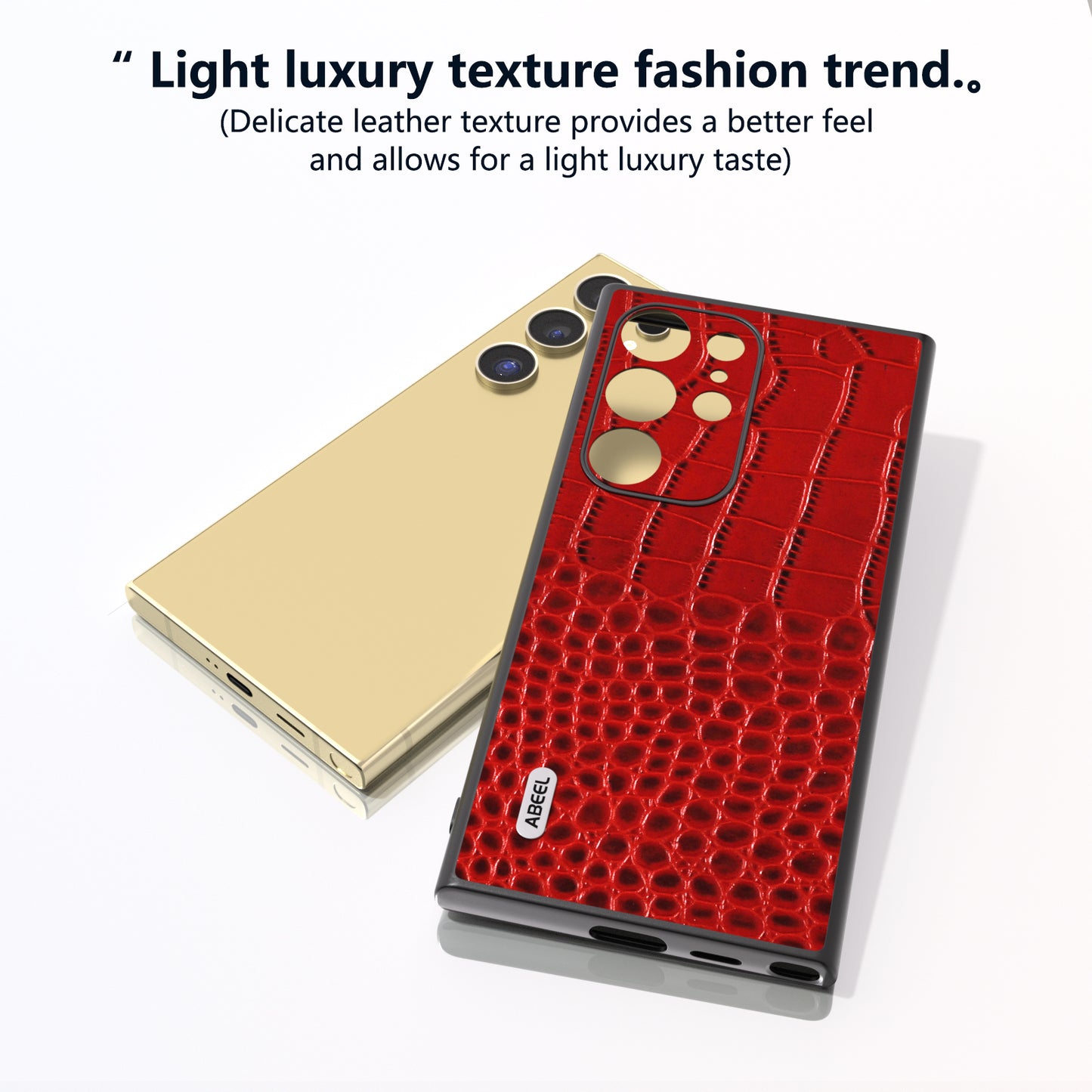 ABEEL For Samsung Galaxy S24 Ultra Case Crocodile Texture Genuine Cow Leather+PC+TPU Anti-Drop Phone Cover - Red