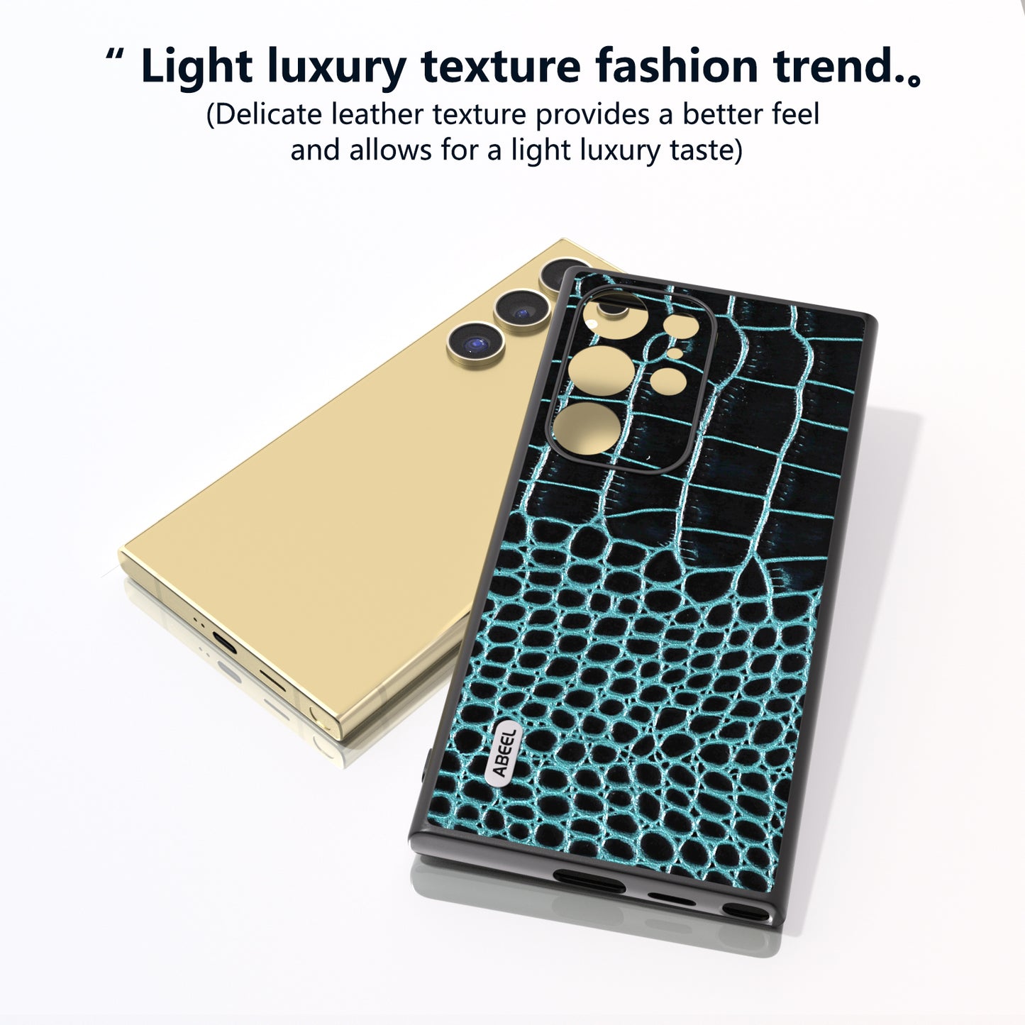 ABEEL For Samsung Galaxy S24 Ultra Case Crocodile Texture Genuine Cow Leather+PC+TPU Anti-Drop Phone Cover - Blue