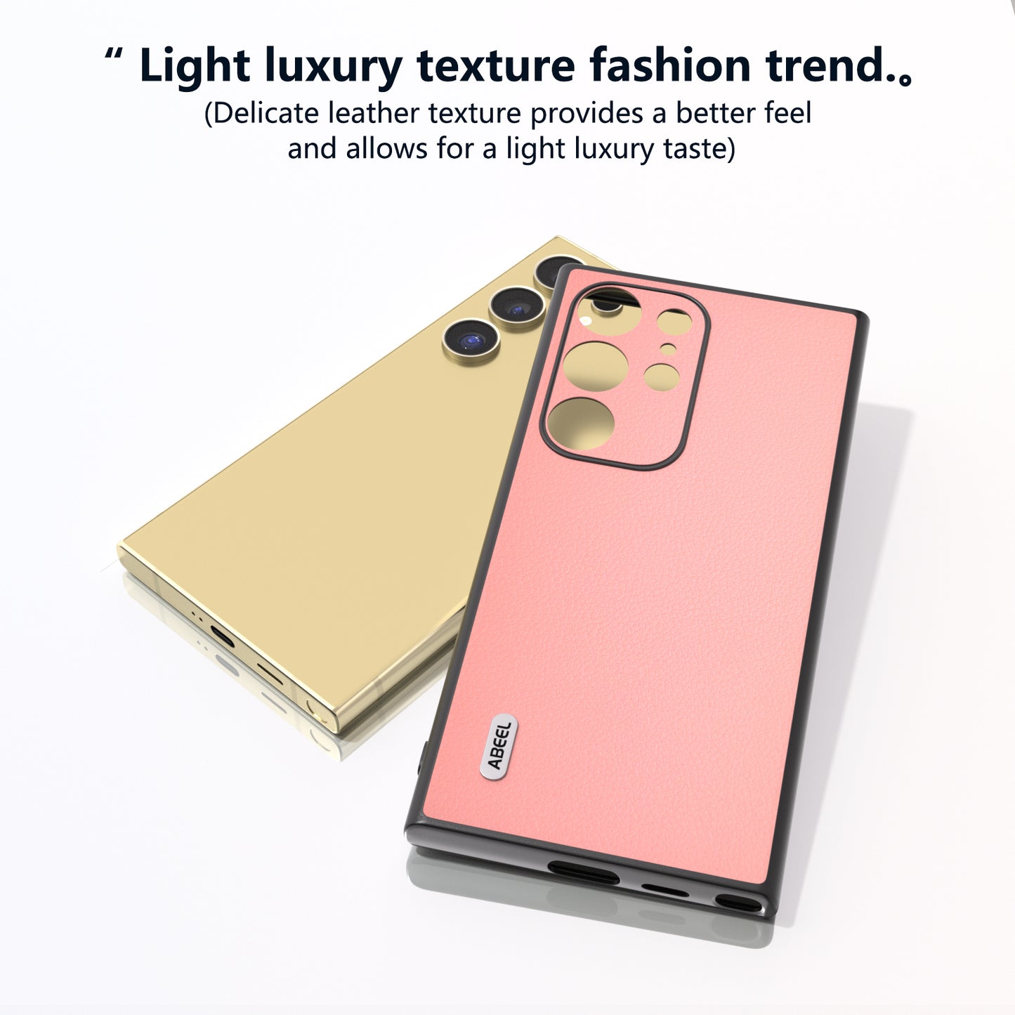 ABEEL For Samsung Galaxy S24 Ultra Case Textured Genuine Cow Leather Anti-Fingerprint Protective Cover - Pink