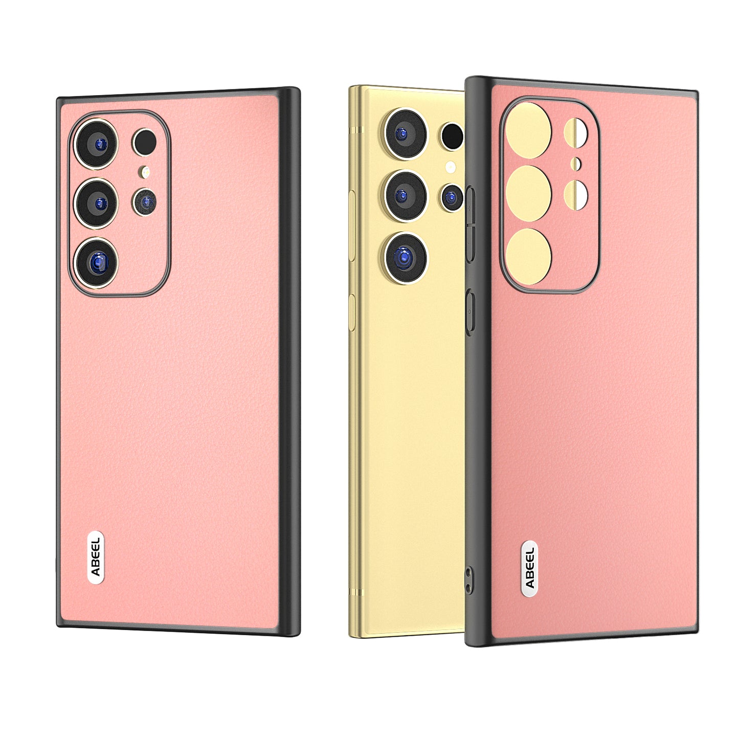 ABEEL For Samsung Galaxy S24 Ultra Case Textured Genuine Cow Leather Anti-Fingerprint Protective Cover - Pink