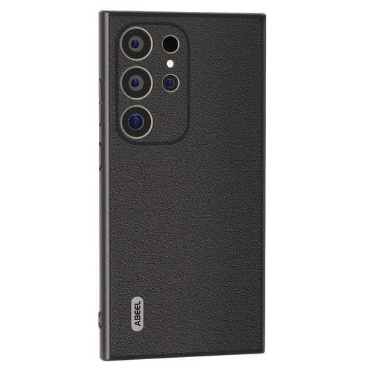 ABEEL For Samsung Galaxy S24 Ultra Case Textured Genuine Cow Leather Anti-Fingerprint Protective Cover - Black