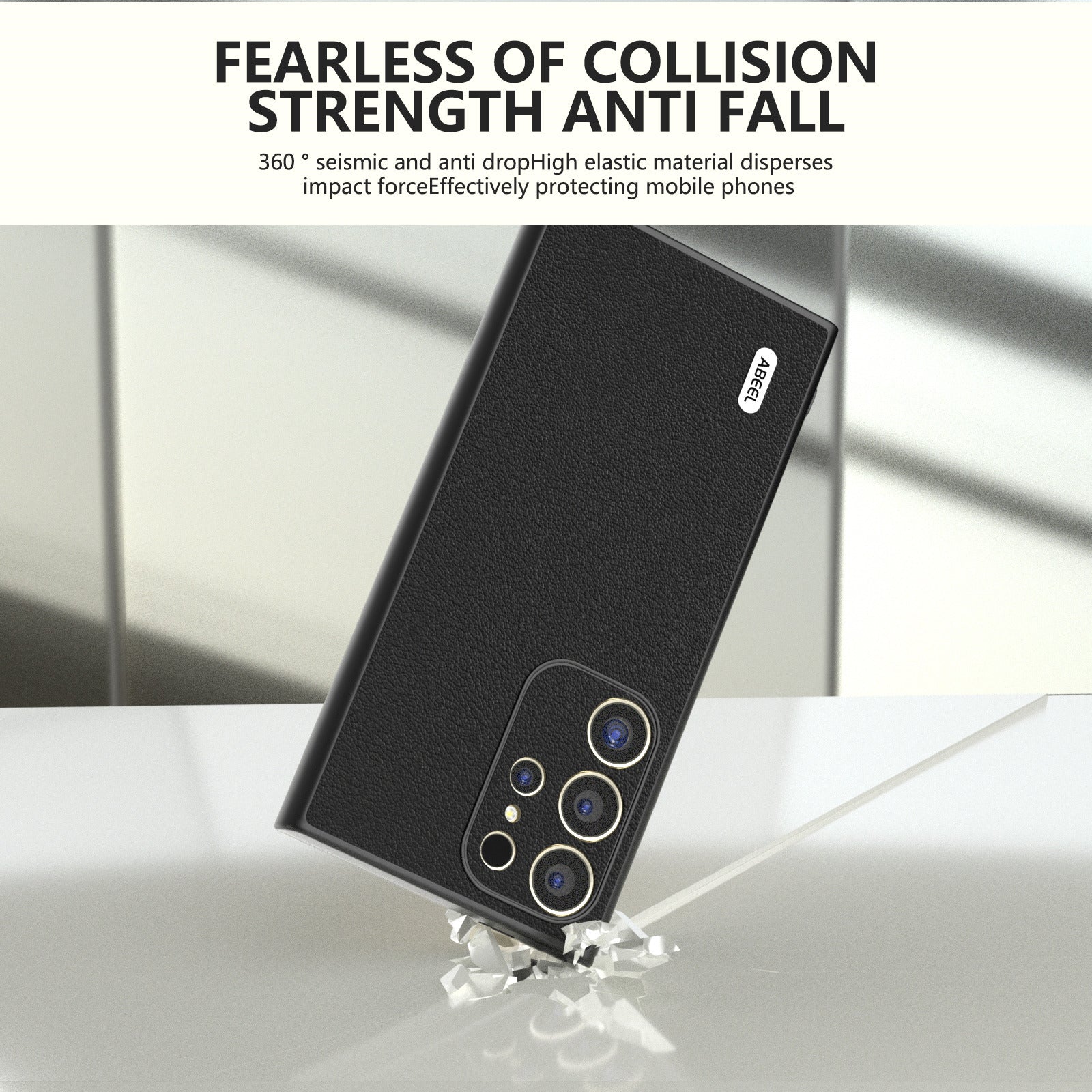 ABEEL For Samsung Galaxy S24 Ultra Case Textured Genuine Cow Leather Anti-Fingerprint Protective Cover - Black