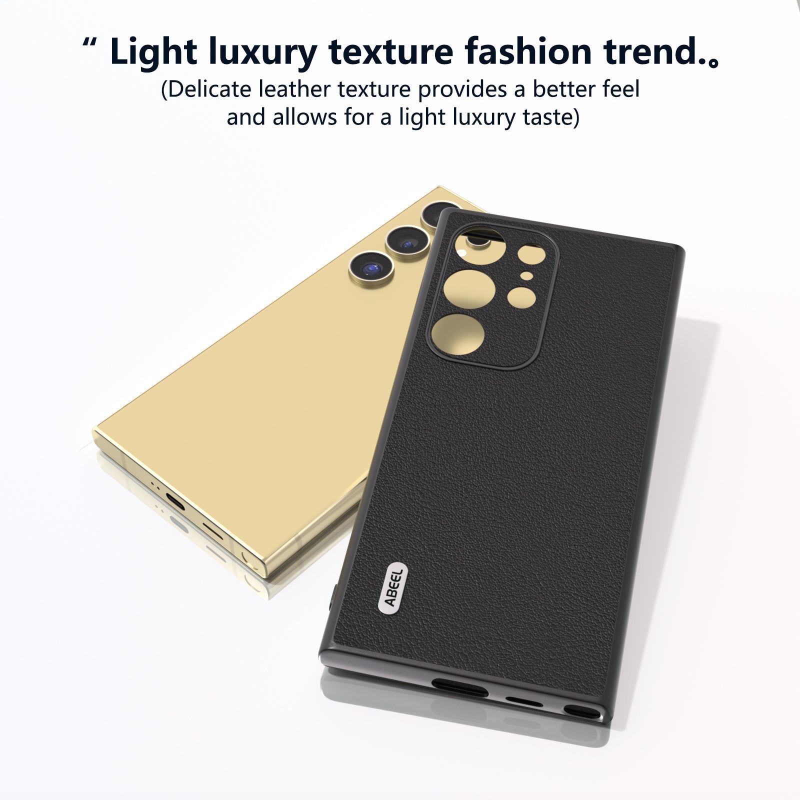 ABEEL For Samsung Galaxy S24 Ultra Case Textured Genuine Cow Leather Anti-Fingerprint Protective Cover - Black