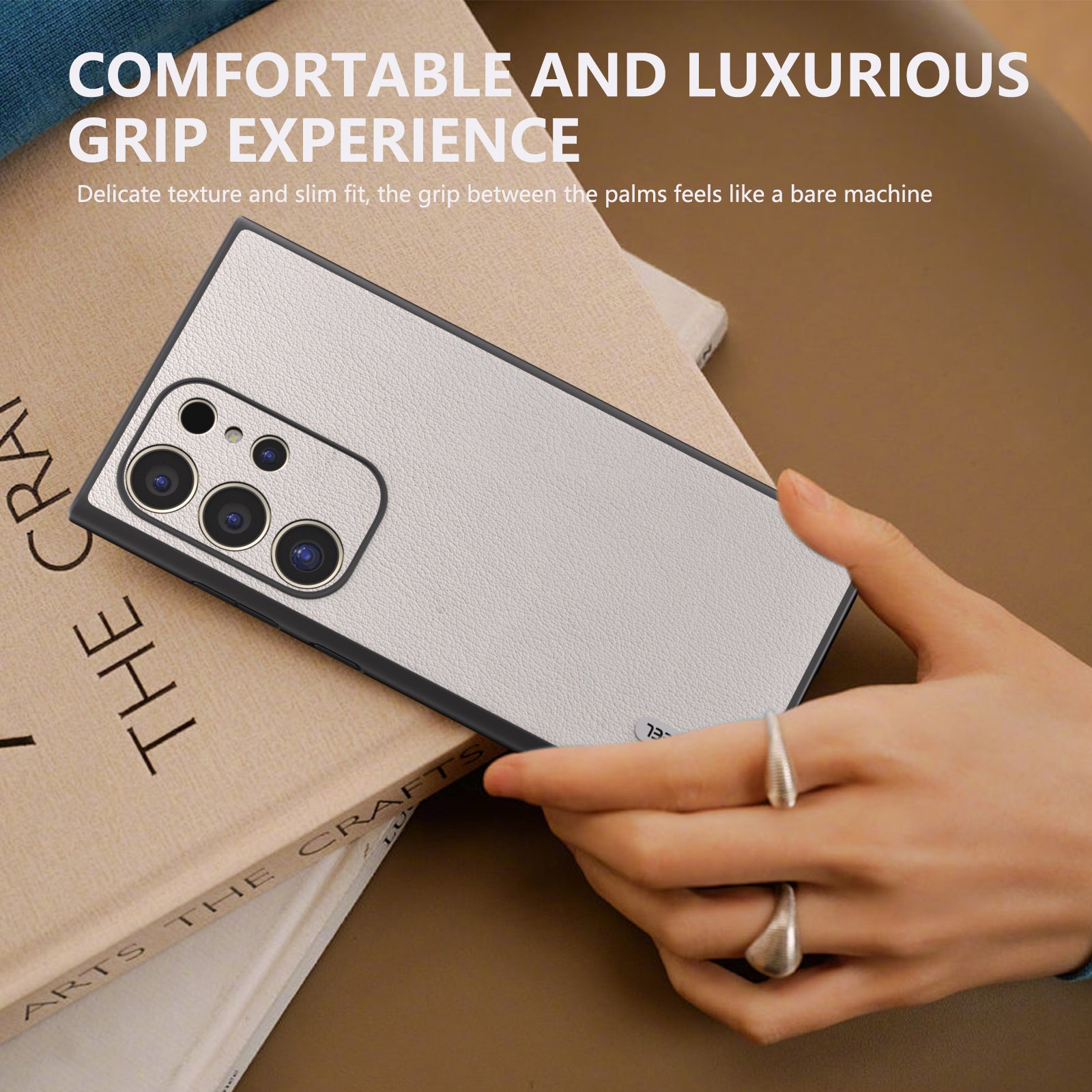ABEEL For Samsung Galaxy S24 Ultra Case Textured Genuine Cow Leather Anti-Fingerprint Protective Cover - Grey