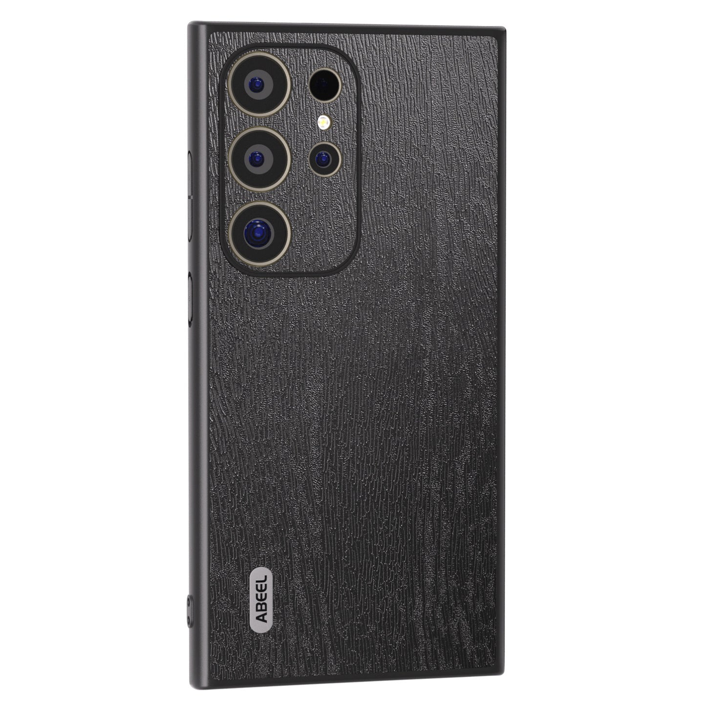 ABEEL For Samsung Galaxy S24 Ultra Case Wood Texture Leather Coated PC+TPU Hybrid Cover - Black