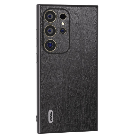 ABEEL For Samsung Galaxy S24 Ultra Case Wood Texture Leather Coated PC+TPU Hybrid Cover - Black