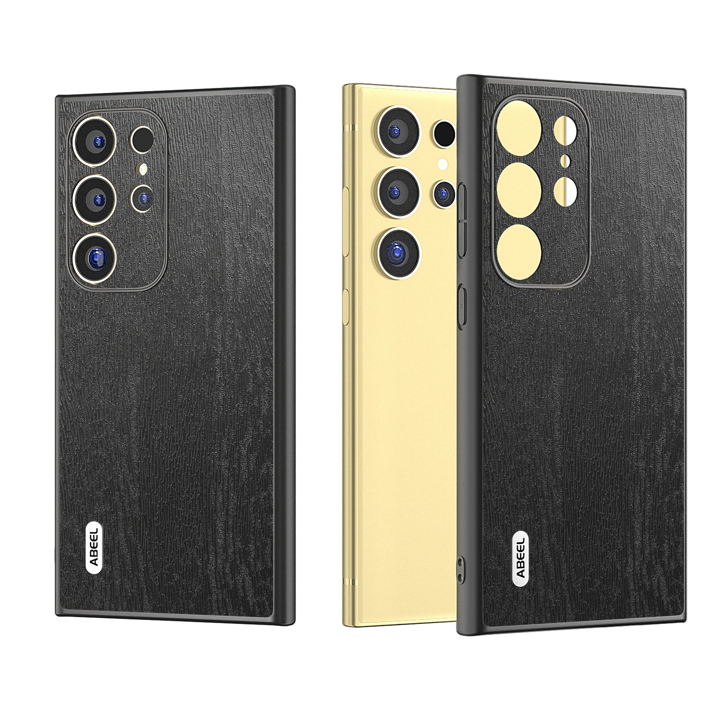 ABEEL For Samsung Galaxy S24 Ultra Case Wood Texture Leather Coated PC+TPU Hybrid Cover - Black