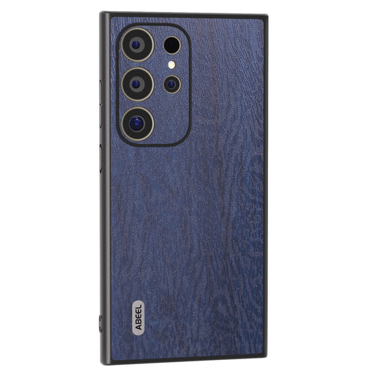 ABEEL For Samsung Galaxy S24 Ultra Case Wood Texture Leather Coated PC+TPU Hybrid Cover - Blue