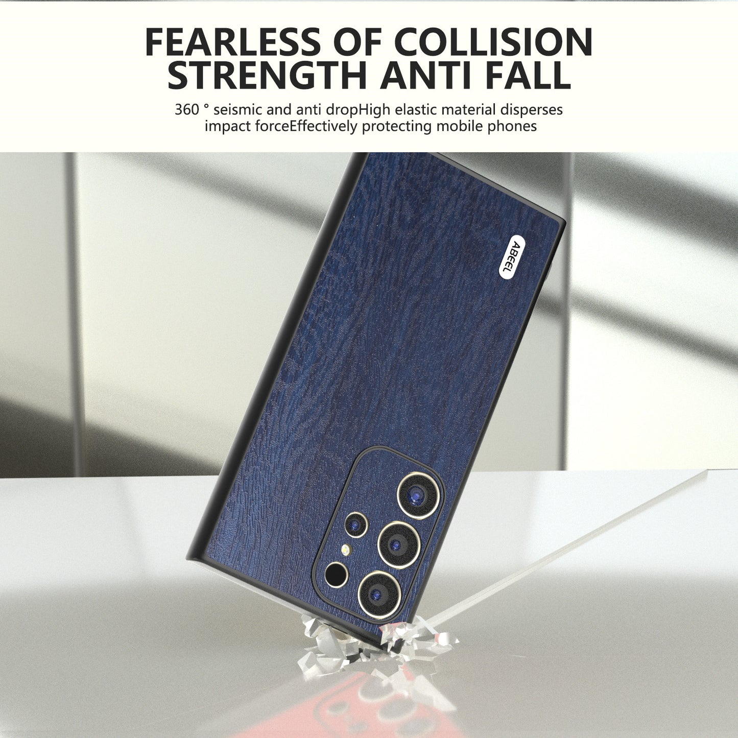 ABEEL For Samsung Galaxy S24 Ultra Case Wood Texture Leather Coated PC+TPU Hybrid Cover - Blue