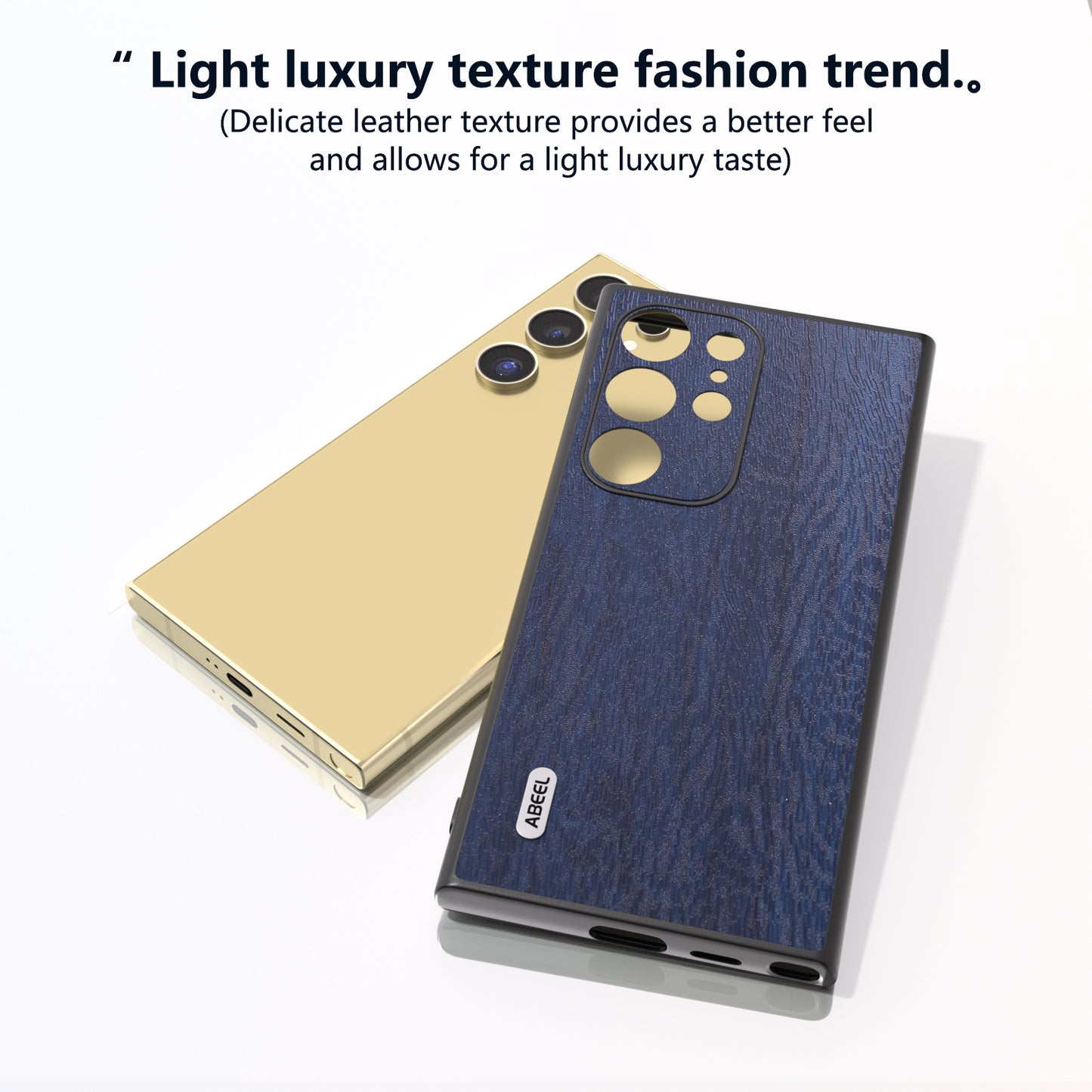 ABEEL For Samsung Galaxy S24 Ultra Case Wood Texture Leather Coated PC+TPU Hybrid Cover - Blue