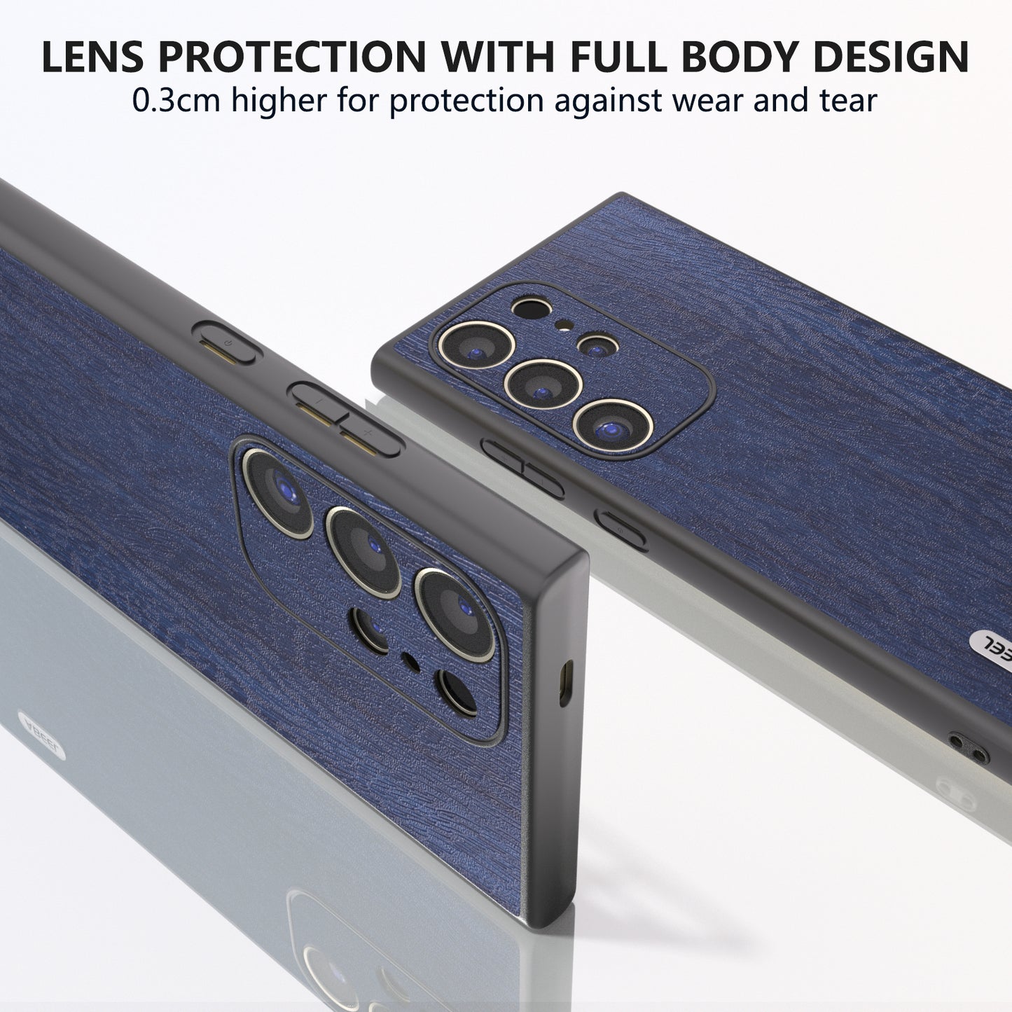 ABEEL For Samsung Galaxy S24 Ultra Case Wood Texture Leather Coated PC+TPU Hybrid Cover - Blue