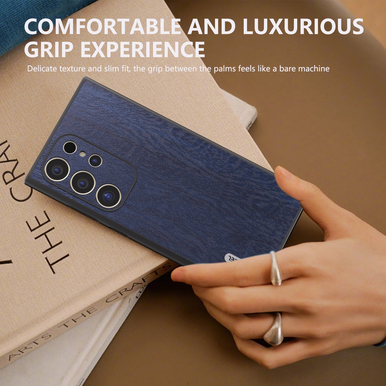 ABEEL For Samsung Galaxy S24 Ultra Case Wood Texture Leather Coated PC+TPU Hybrid Cover - Blue