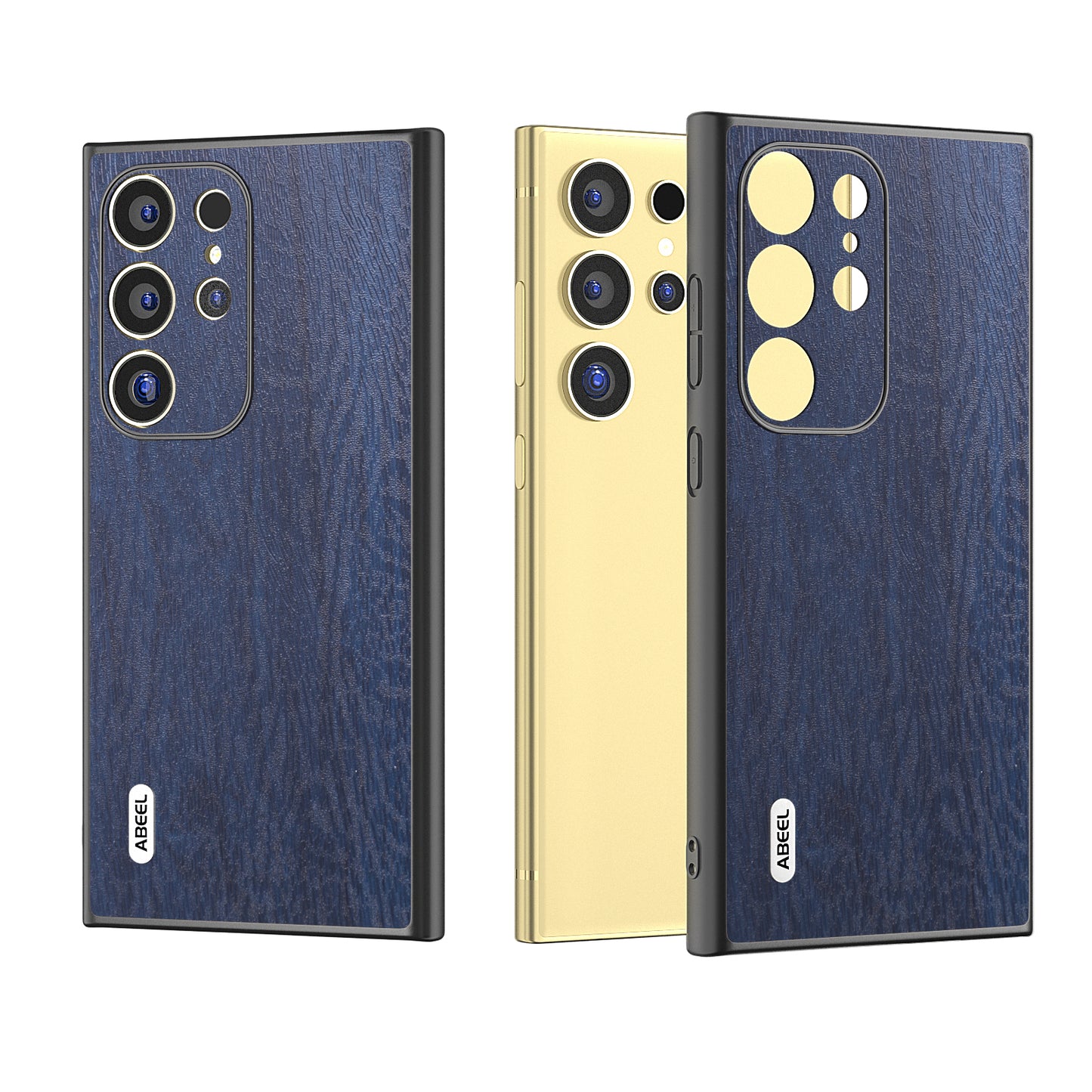 ABEEL For Samsung Galaxy S24 Ultra Case Wood Texture Leather Coated PC+TPU Hybrid Cover - Blue