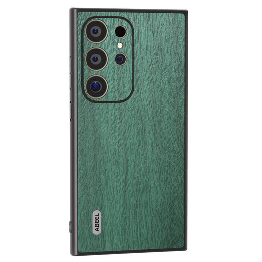 ABEEL For Samsung Galaxy S24 Ultra Case Wood Texture Leather Coated PC+TPU Hybrid Cover - Green