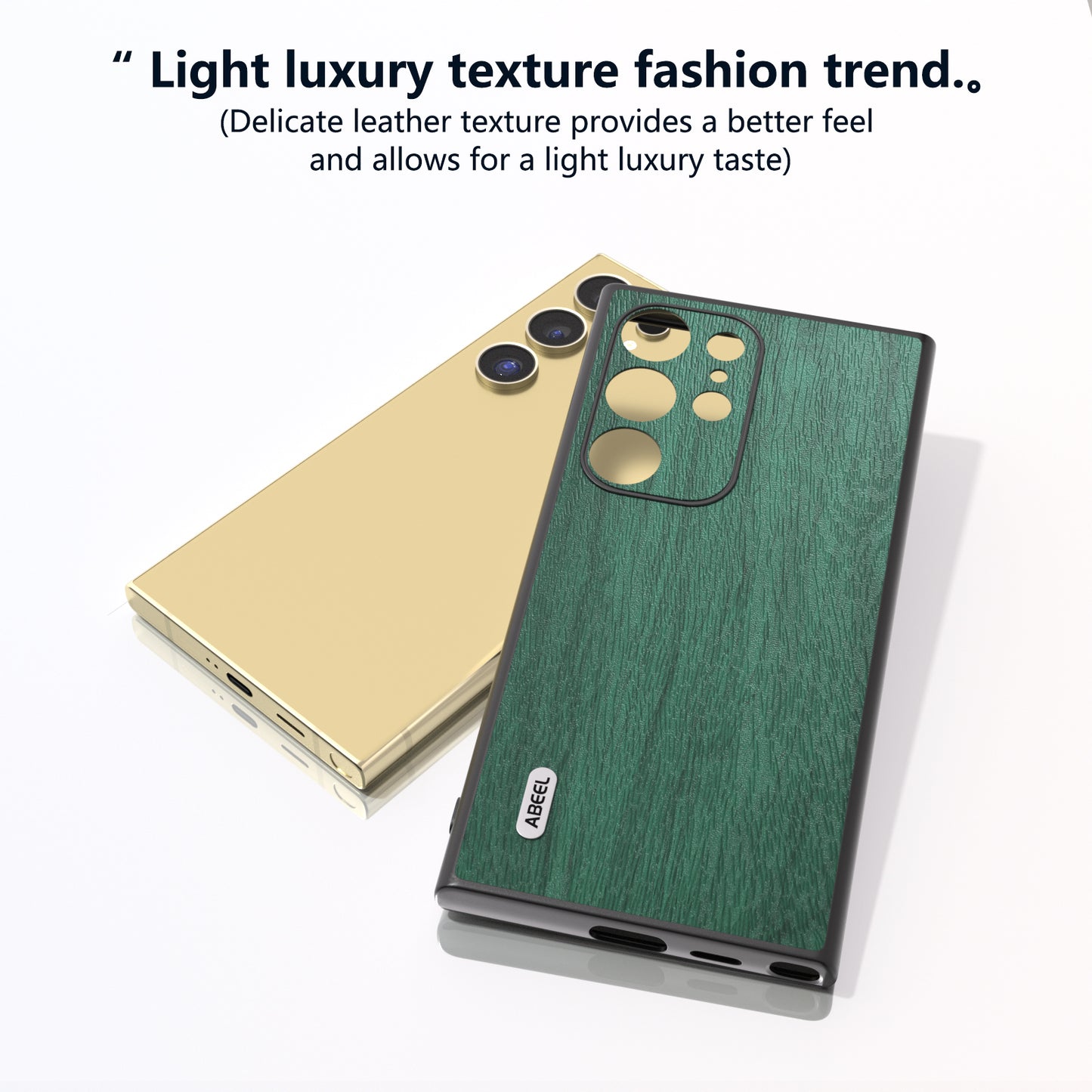 ABEEL For Samsung Galaxy S24 Ultra Case Wood Texture Leather Coated PC+TPU Hybrid Cover - Green