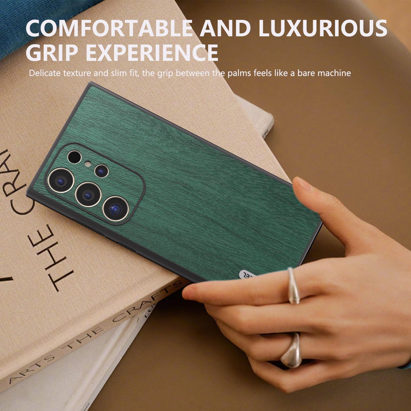 ABEEL For Samsung Galaxy S24 Ultra Case Wood Texture Leather Coated PC+TPU Hybrid Cover - Green