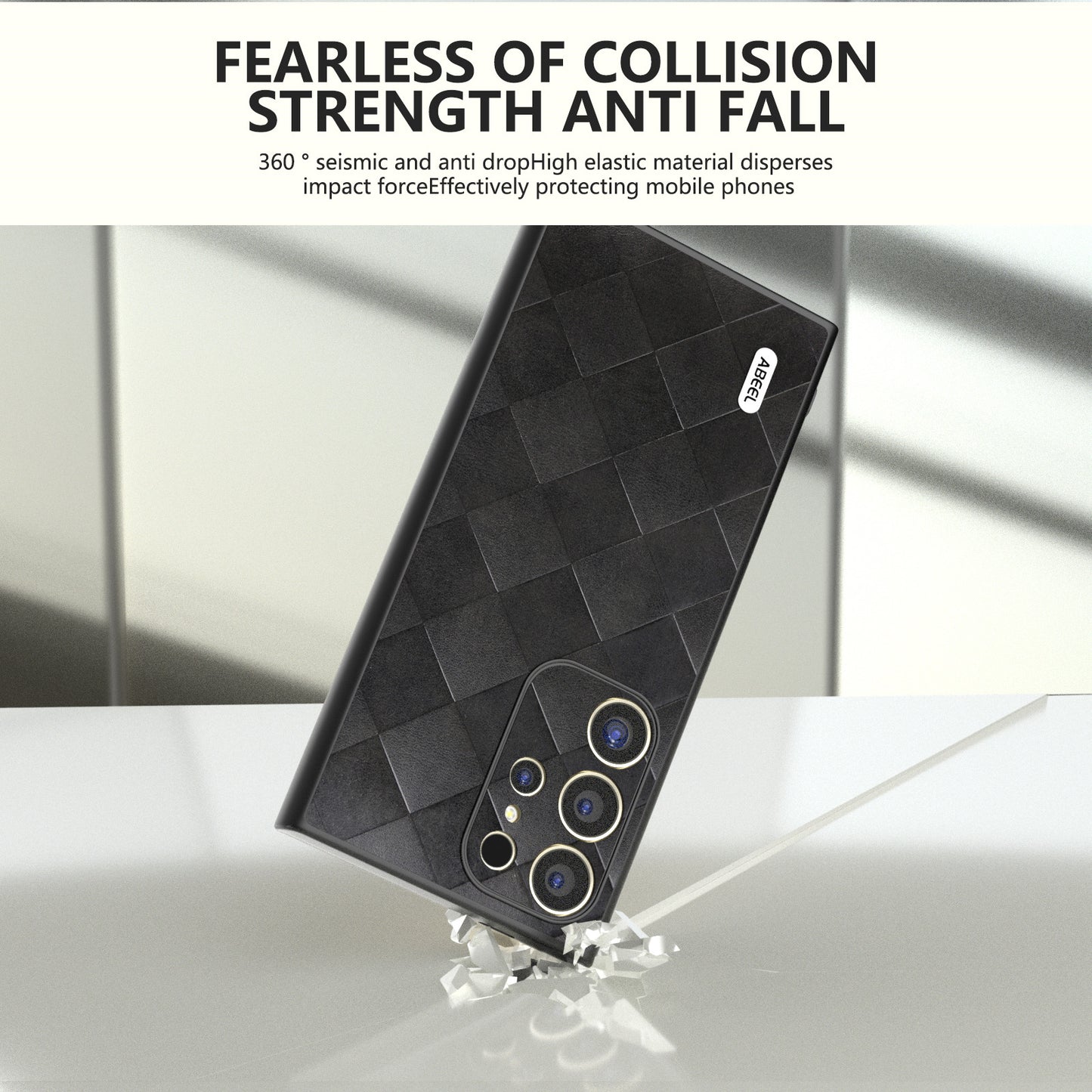 ABEEL For Samsung Galaxy S24 Ultra Case Grid Texture PU Leather+TPU+PC Protective Phone Cover - Black