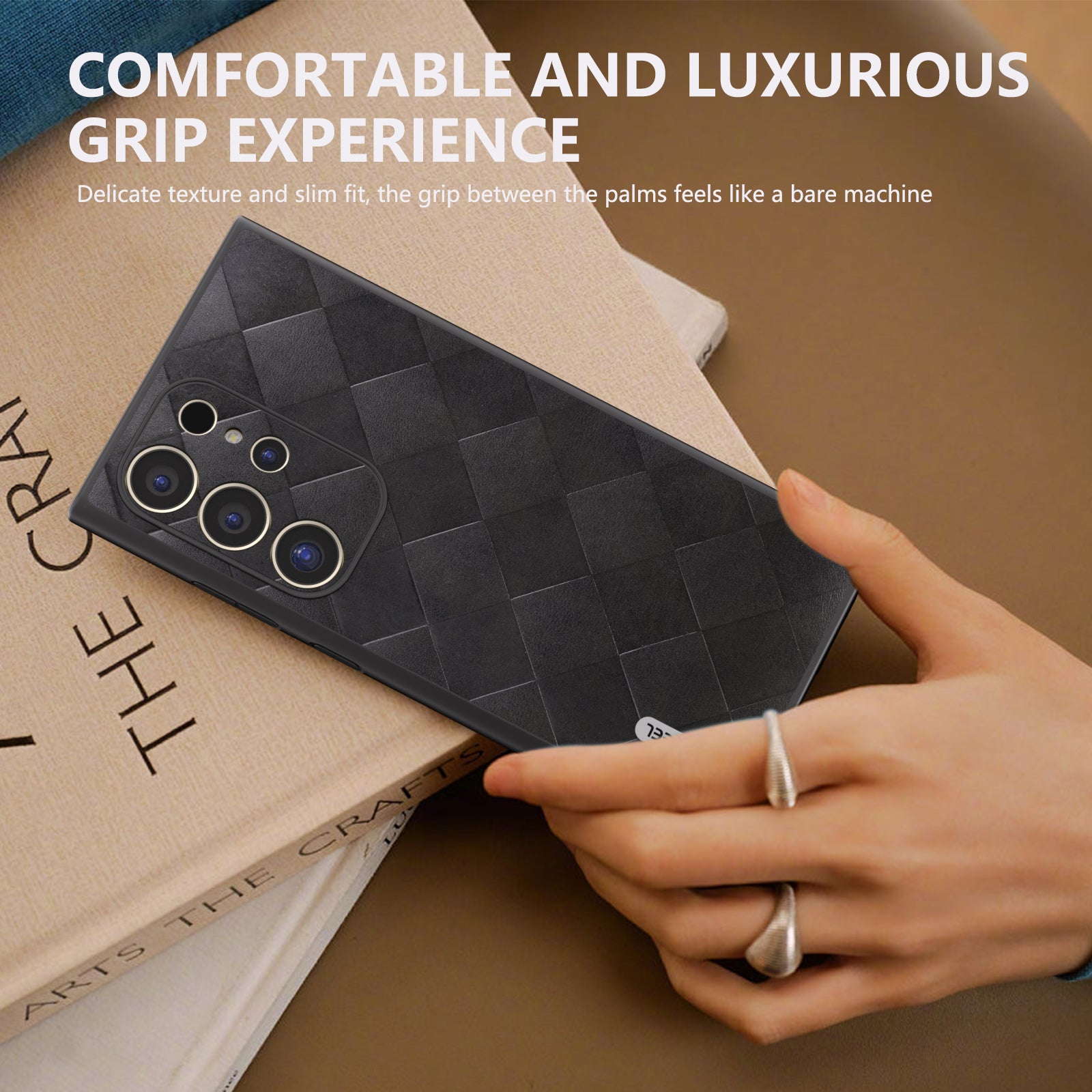 ABEEL For Samsung Galaxy S24 Ultra Case Grid Texture PU Leather+TPU+PC Protective Phone Cover - Black