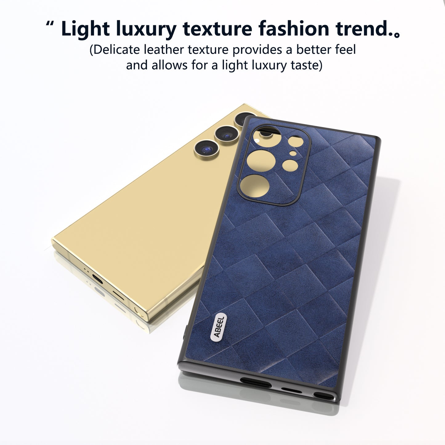 ABEEL For Samsung Galaxy S24 Ultra Case Grid Texture PU Leather+TPU+PC Protective Phone Cover - Blue