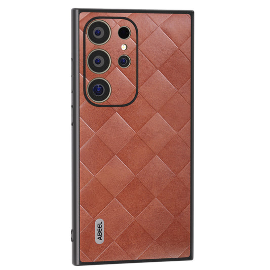 ABEEL For Samsung Galaxy S24 Ultra Case Grid Texture PU Leather+TPU+PC Protective Phone Cover - Brown