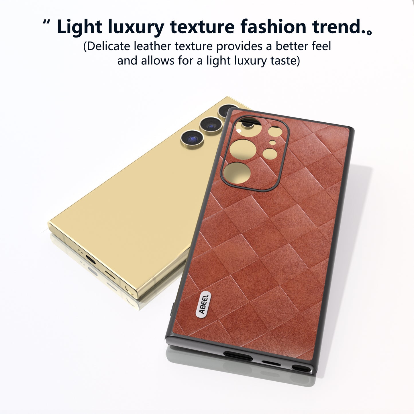 ABEEL For Samsung Galaxy S24 Ultra Case Grid Texture PU Leather+TPU+PC Protective Phone Cover - Brown